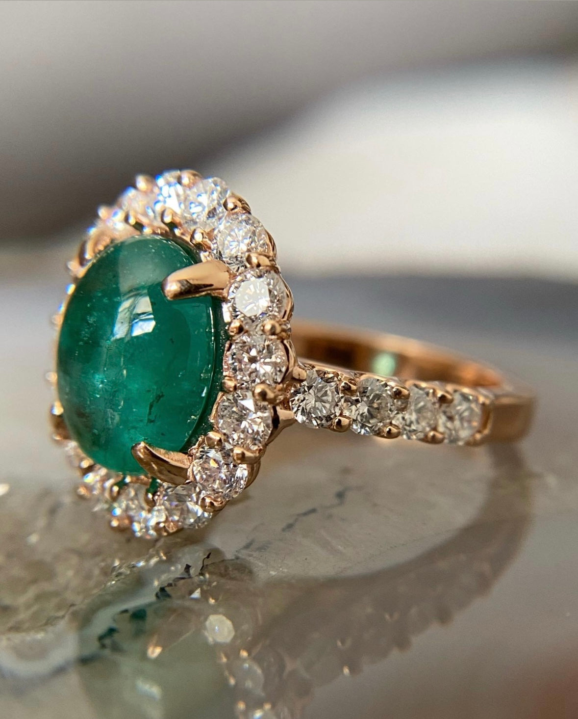 Vintage Emerald Cabochon with Diamond Halo Ring