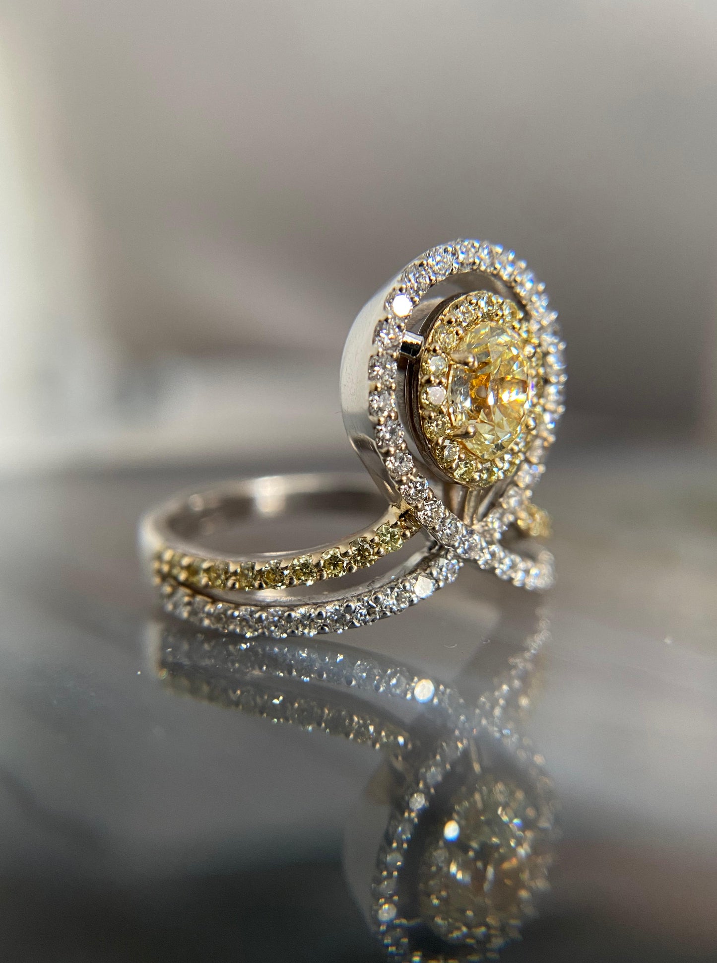 Fancy Yellow and White Diamond Halo Ring