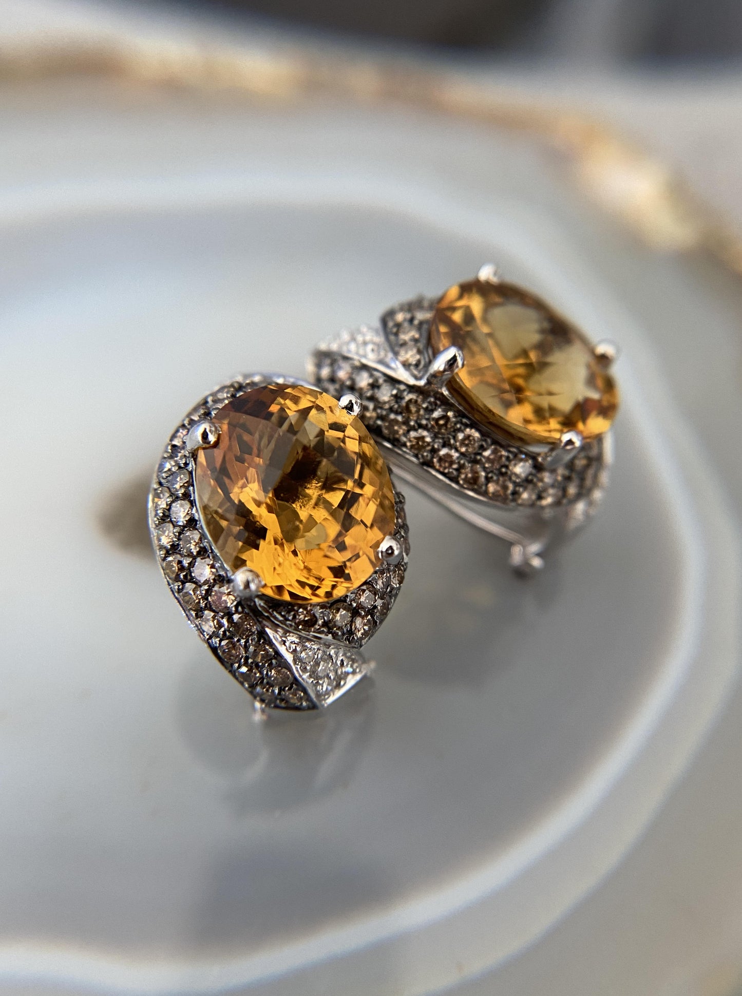 Vintage Citrine Earrings With Brown Diamond