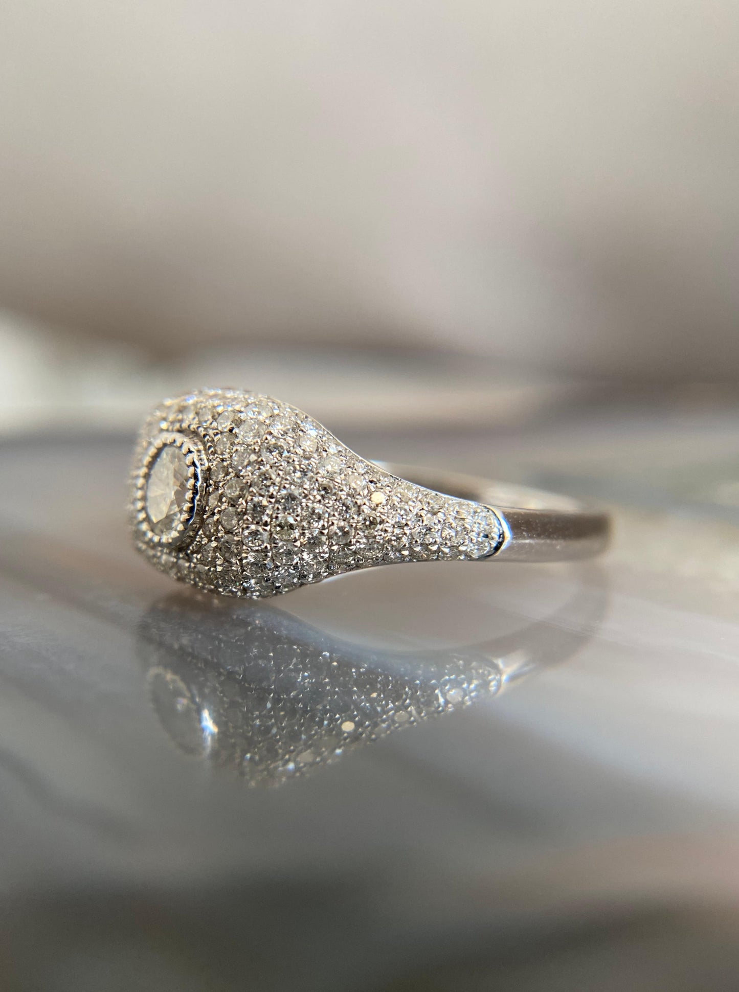 White Gold Diamond Cluster Puffy Signet Ring