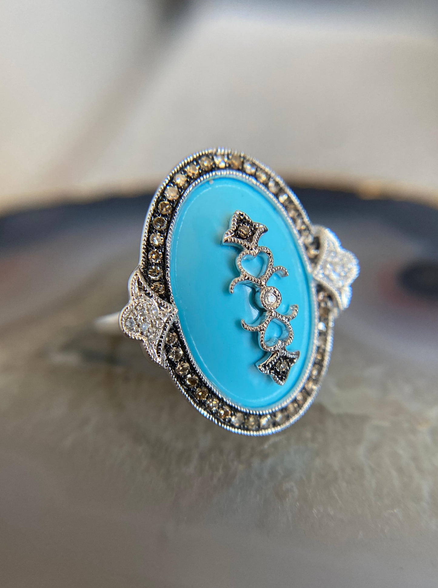 Vintage White Gold Oval Turquoise Ring with Champagne Diamond Halo