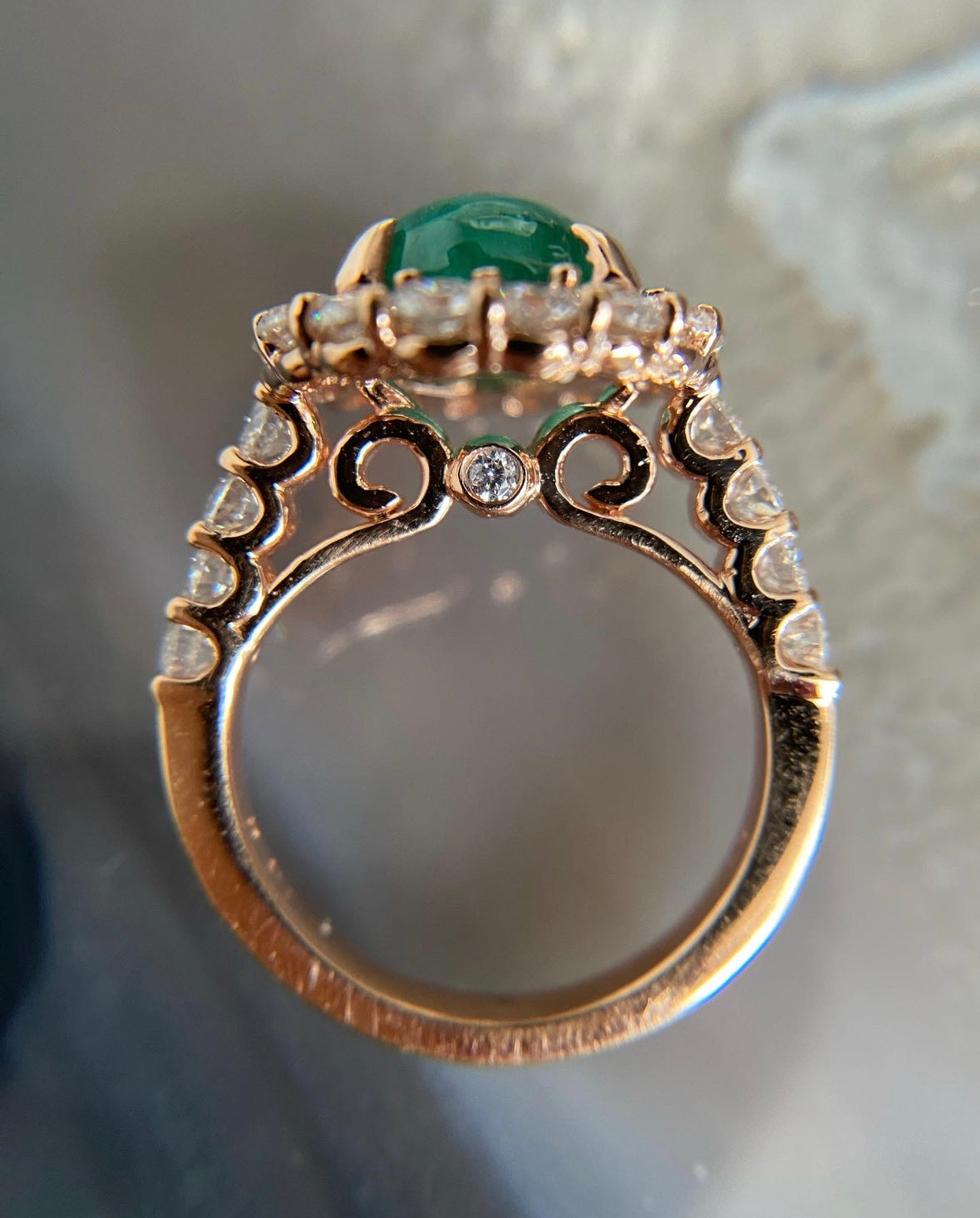 Vintage Emerald Cabochon with Diamond Halo Ring